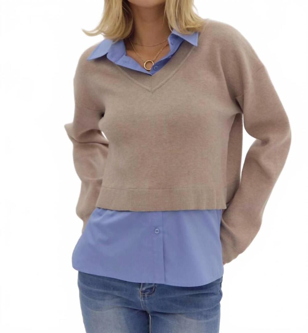 NEW ENTRO trim twofer shirt in taupe/blue